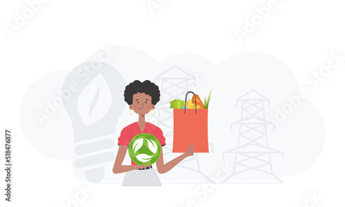 The girl is depicted waist-deep holding an EKO icon and a bag of proper nutrition. Healthy food, ecology, recycling and zero waste concept. Trend vector illustration.