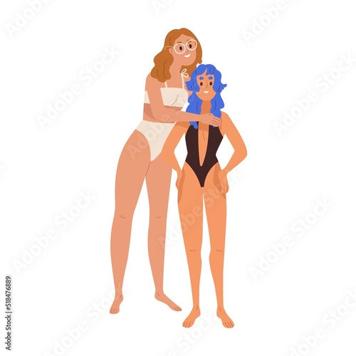 Happy women friends portrait. Girls of different height standing together, hugging. Modern females, tall and short small, in swimwear. Flat graphic vector illustration isolated on white background