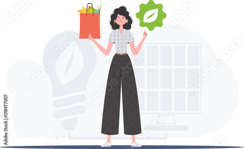 A full-length woman is shown holding an EKO icon and a bag of proper nutrition. The concept of ecology, zero waste and healthy eating. Trend vector illustration.