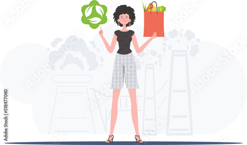 The girl is depicted in full growth holding an EKO icon and a package with proper nutrition. Healthy food, ecology, recycling and zero waste concept. Trend style, vector illustration.