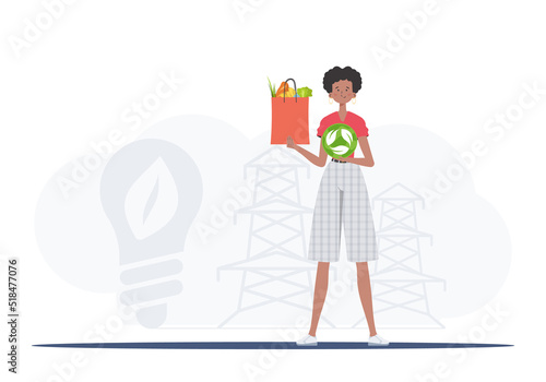 The girl is depicted in full growth holding an EKO icon and a package with proper nutrition. Healthy food, ecology, recycling and zero waste concept. Trend vector illustration.