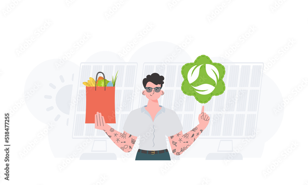 The man is shown waist-deep holding an EKO icon and a bag of proper nutrition. The concept of ecology, zero waste and healthy eating. Flat trendy style. Vector. - obrazy, fototapety, plakaty 