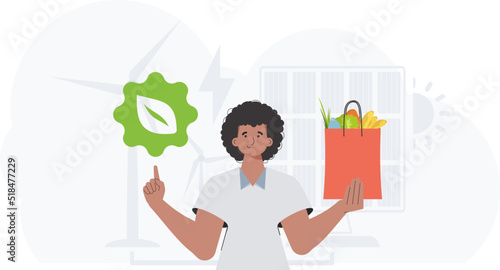 The man is shown waist-deep holding an EKO icon and a bag of proper nutrition. The concept of ecology, zero waste and healthy eating. Trend style, vector illustration.