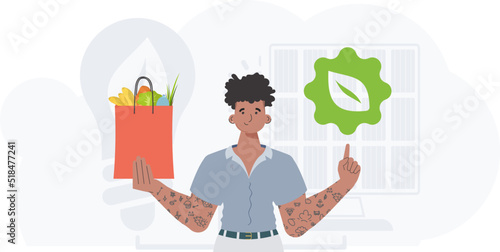 The man is shown waist-deep holding an EKO icon and a bag of proper nutrition. The concept of ecology, zero waste and healthy eating. Trend vector illustration.