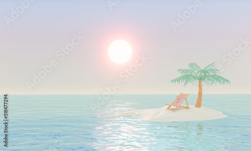3d rendering minimal palm tree and beach chair on island and sunset in the background.