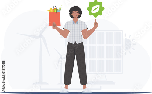A full-length man is shown holding an EKO icon and a package of proper nutrition. The concept of ecology, zero waste and healthy eating. Flat trendy style. Vector.