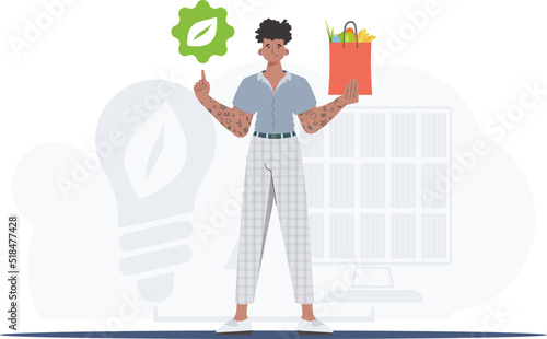 The guy is depicted in full growth holding an EKO icon and a package with proper nutrition. Healthy food, ecology, recycling and zero waste concept. Trend style, vector illustration.