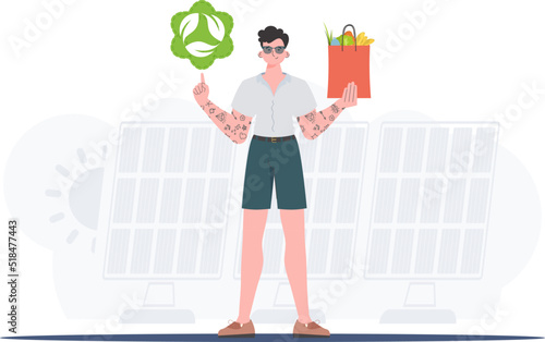 The guy is depicted in full growth holding an EKO icon and a package with proper nutrition. Healthy food, ecology, recycling and zero waste concept. Trend vector illustration.