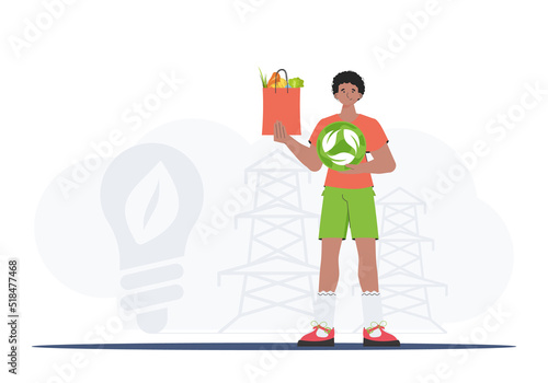 The guy is depicted in full growth holding an EKO icon and a package with proper nutrition. Healthy food, ecology, recycling and zero waste concept. Flat trendy style. Vector.