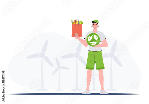 The guy is depicted in full growth holding an EKO icon and a package with proper nutrition. The concept of ecology, zero waste and healthy eating. Trend style, vector illustration.