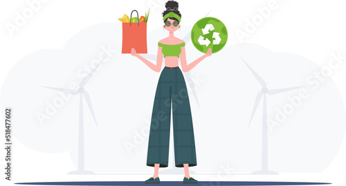 A full-length woman is shown holding an EKO icon and a bag of proper nutrition. Healthy food, ecology, recycling and zero waste concept. Flat trendy style. Vector.