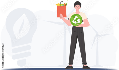 A full-length man is shown holding an EKO icon and a package of proper nutrition. The concept of ecology, zero waste and healthy eating. Trend style, vector illustration.