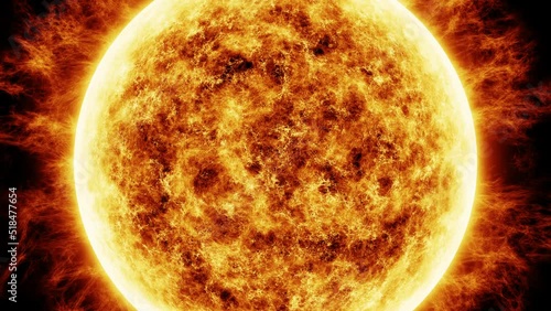 Computer generated abstract sun or star close up animation. Solar atmosphere with plasma movement at black. Camera zooming in.