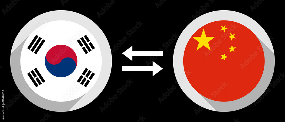 krw to cny exchange rate concept. round icons of south korea and china flags. language translation icon isolated on black background krw to cny exchange rate concept. round icons of south korea and china flags. language translation icon isolated on black background