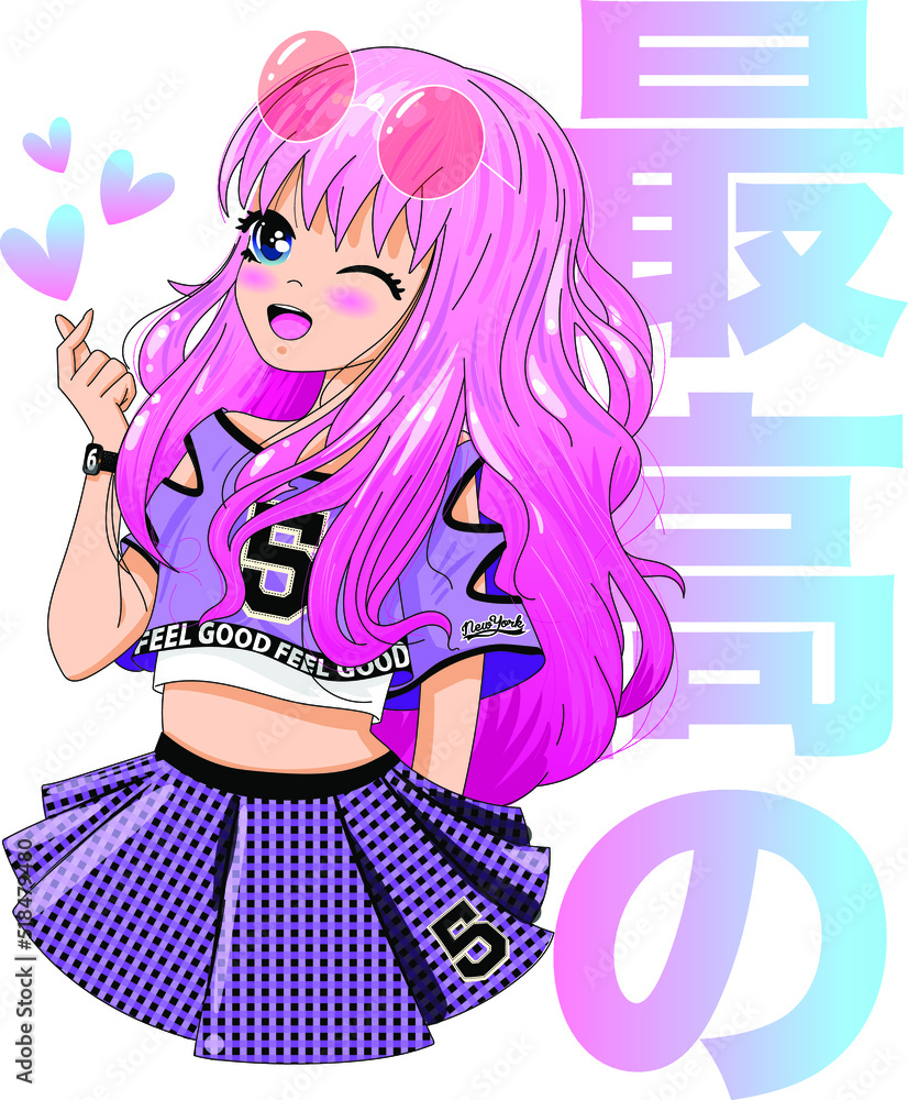 Anime girl with big eyes and pink hair greets you. She reflects street  fashion with her T-shirt and colorful sunglasses. Korean text means  