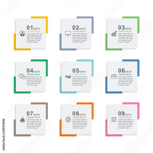 9 data infographics square index template. Vector illustration abstract background. photo