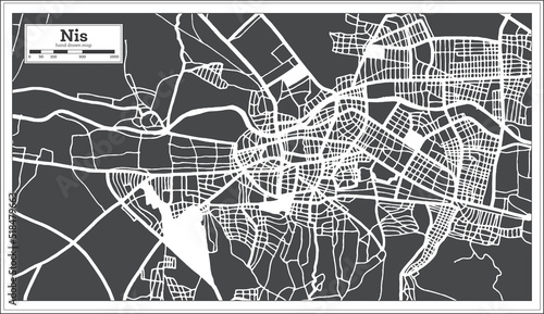 Nis Serbia City Map in Black and White Color in Retro Style. Outline Map.