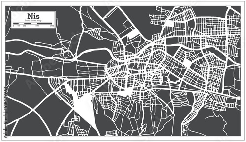 Nis Serbia City Map in Black and White Color in Retro Style. Outline Map. photo
