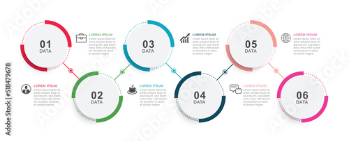 Infographics circle timeline with 6 number data template. Vector illustration abstract background.