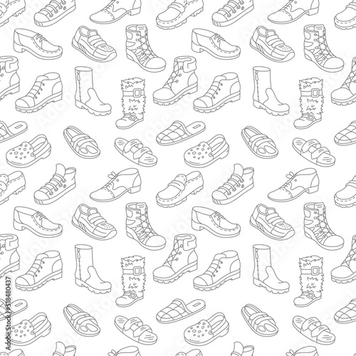 Shoes seamless pattern background. Different types of shoes. Editable stroke size.