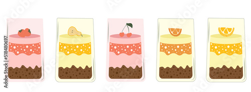 Decorative sweet mousse in glass. desserts with chocolate and fruits. isolated vector illustration
