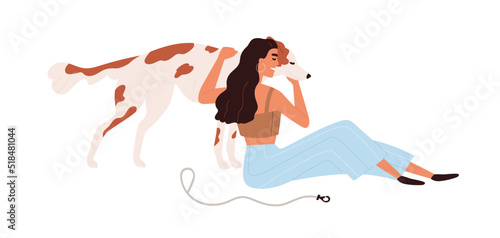 Person hugging cute dog. Hugs of happy woman, pet owner and doggy. Girl and animal companion, best friend. Love, friendship with canine concept. Flat vector illustration isolated on white background