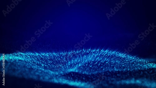 Abstract wave dark blue background with moving and glowing particles. Moving digital wave with flickering particles- shallow deep of field. Seamless loopable background.