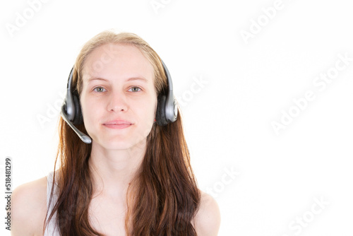 Support phone operator young blonde pretty woman in headset callcenter in copy space white background