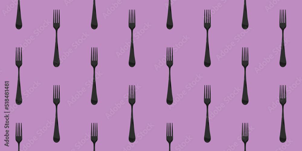 Seamless pattern. Fork top view on pastel fiolet purpur background. Template for applying to surface. Banner for insertion into site. Flat lay. 3D image. 3D rendering.