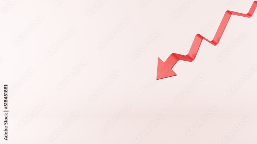 3D rendering of Red arrow pointing downward. Arrow down shows business financial crisis, bankruptcy, falling and loss in business. 3D rendering of Red arrow pointing downward. Arrow down shows business financial crisis, bankruptcy, falling and loss in business.