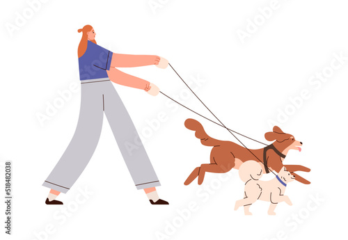 Person walking with dogs. Young woman walker leading doggies on leash. Girl, pet sitter strolling with canine animals, puppies. Flat graphic vector illustration isolated on white background