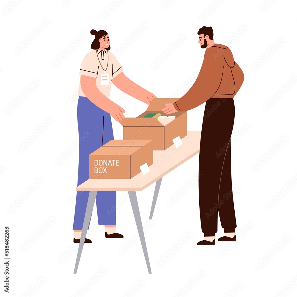 Volunteer giving donation box with used clothes, food. Woman helping ...