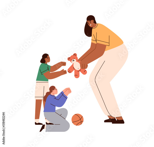 Woman volunteer presenting gift to kids. Person helping children, giving stuffed plush teddy bear toy to girls. Charity for orphans concept. Flat vector illustration isolated on white background