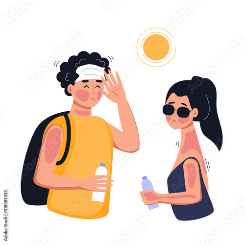 Human have heat stroke. Dehydration, sun overheating, hot summer concept. Red skin, headache, perspire symptoms. Vector flat illustration.