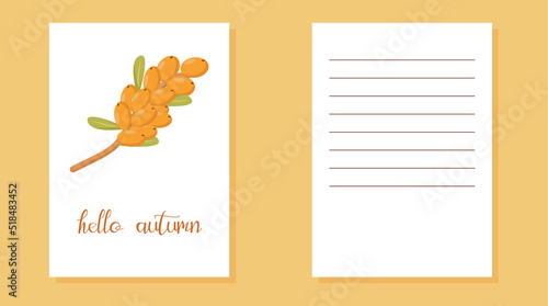 autumn postcard with a branch of sea buckthorn hello autumn