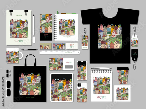 Vintage old city, cute houses. Concept art for your business. Creative ideas for cards, banner, web, promotional materials. Corporate identity template. Vector illustration