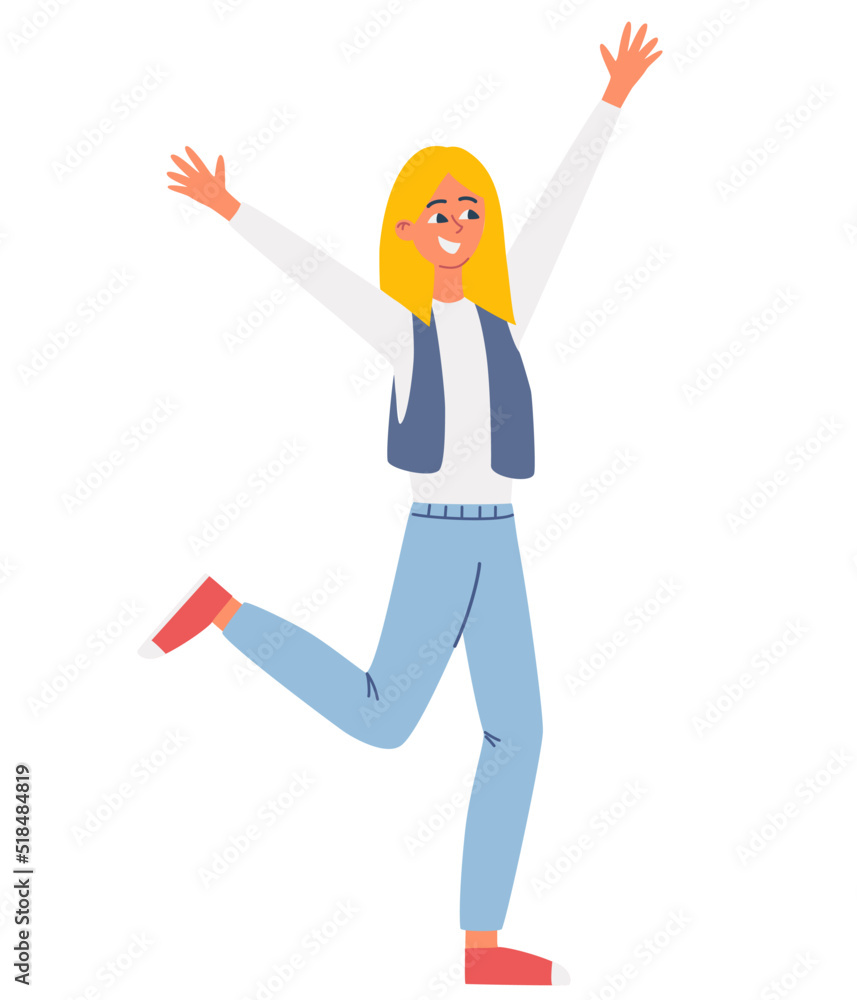 Fototapeta premium Teenage girl. Cheerful young teen girl rejoices. Childhood, school, love, family. Character Portrait. Vector flat illustration isolated on the white background.