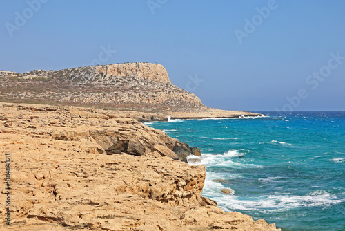 Seascape Cape Greco Peninsula Park, Cyprus. It is a mountainous peninsula with a national park