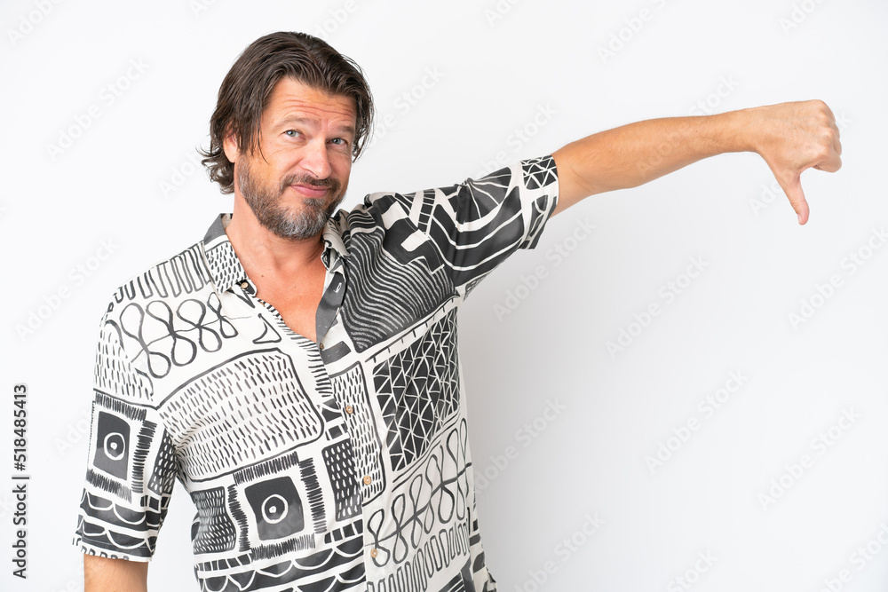 Senior dutch man isolated on white background showing thumb down with negative expression Senior dutch man isolated on white background showing thumb down with negative expression