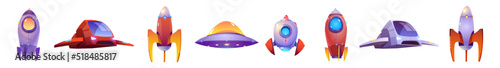 Alien spaceship game icons vector set. Funny rockets, ufo shuttles cartoon collection illustrations isolated on white background. Fantasy cosmic objects, computer game graphic design elements