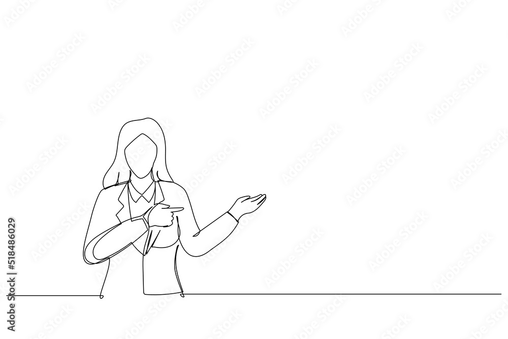 Cartoon of woman holding copyspace imaginary on the palm to insert an ad. Single continuous line art style