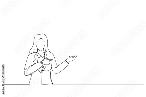 Cartoon of woman holding copyspace imaginary on the palm to insert an ad. Single continuous line art style
