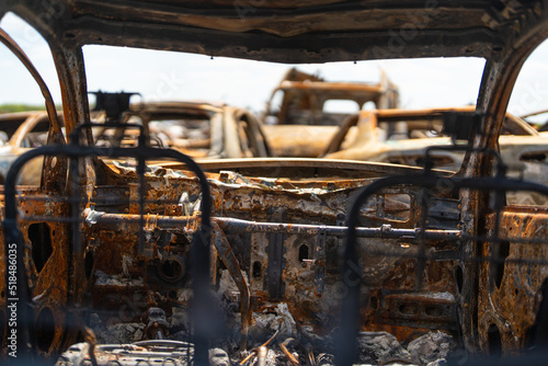 Interior of a burnt-out car.