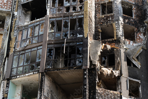 Facade of the building destroyed by explosions and fire
