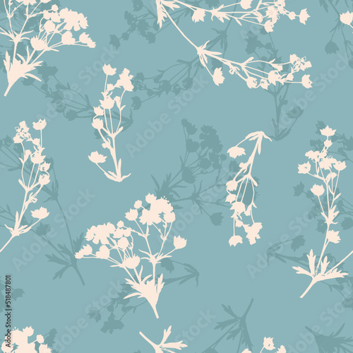 Floral vector seamless pattern. White leaves on dusty blue background. Abstract floral pattern. Simple design for fabric, wallpaper, scrapbooking, textile, wrapping paper