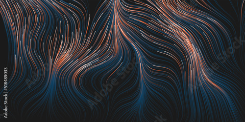 Dark White, Brown and Blue Moving, Flowing Stream of Particles in Curving, Wavy Lines - Digitally Generated Futuristic Abstract 3D Geometric Background Design, Generative Art in Editable Vector Format