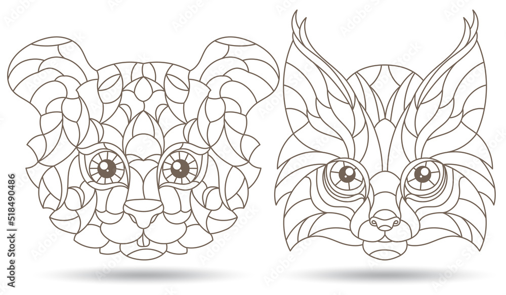 Obraz premium A set of contour illustrations in the style of stained glass with abstract tiger and the lynx, dark contours on a white background