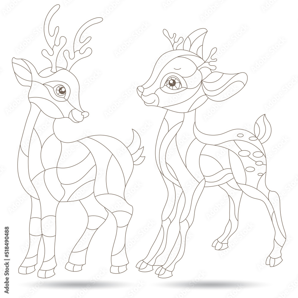 Set of contour illustrations of stained glass Windows with fawns , dark outlines on a white background