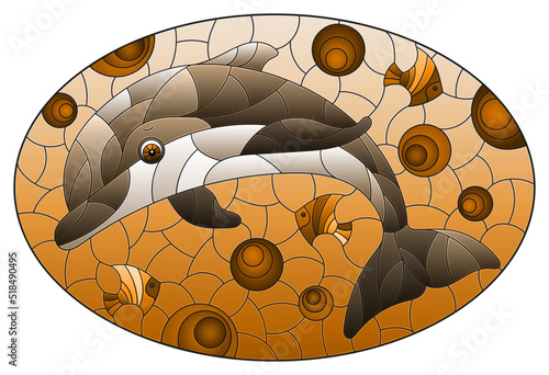An illustration in the style of a stained glass window with a cute cartoon dolphin on a water background, a oval image, tone brown
