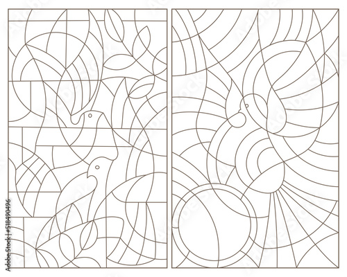 Set of contour illustrations of stained glass Windows with abstract doves , dark contours on a white background